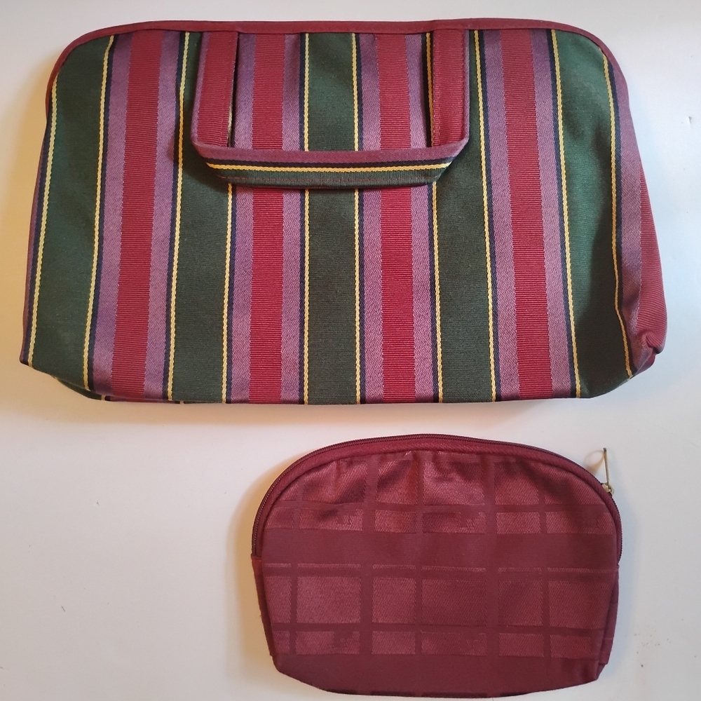 Allegro Pacific Travel & Cosmetics Bag Set, Burgundy & Green, Fabric, Pre-owned